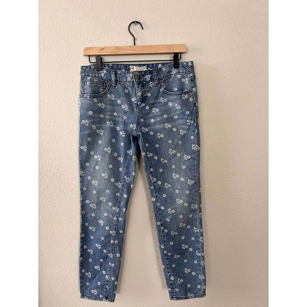 Free People Ditsy Floral Print Stretch Skinny Ankle Blue Jeans Boho Size 28